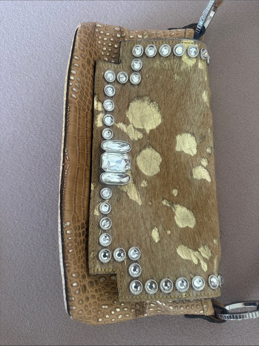 Raviani Brown Shoulder Bag Gold Detail Rhinestone Trim Velvet Zebra Interior